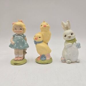 Vintage Easter Candle Set Girl in Polka Dot Dress Chicks Bunny Figurines 3pc